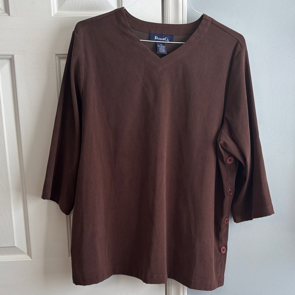 Denim&Co. Chocolate Brown V-Neck Button Side Knit Top